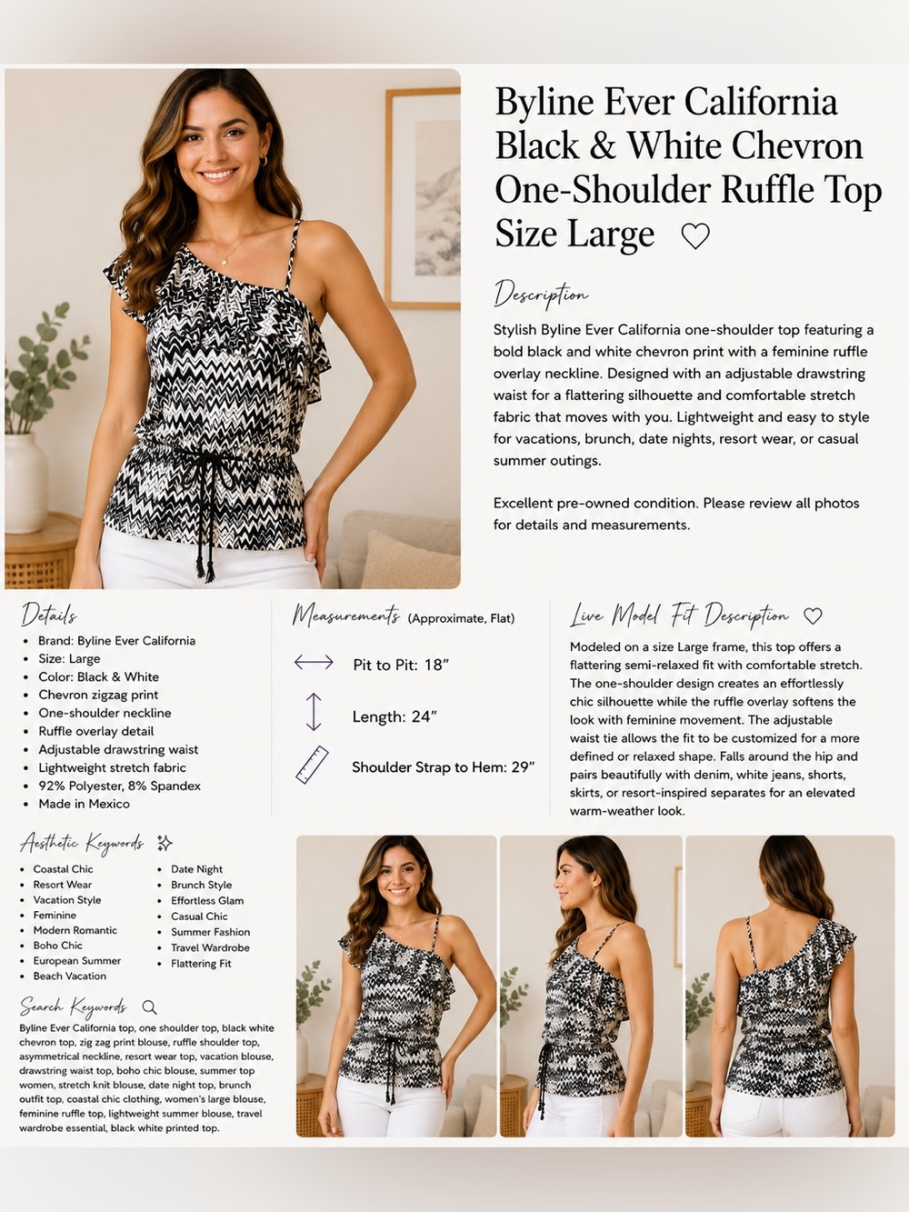 Byline Ever California Black & White Chevron One-Shoulder Ruffle Top